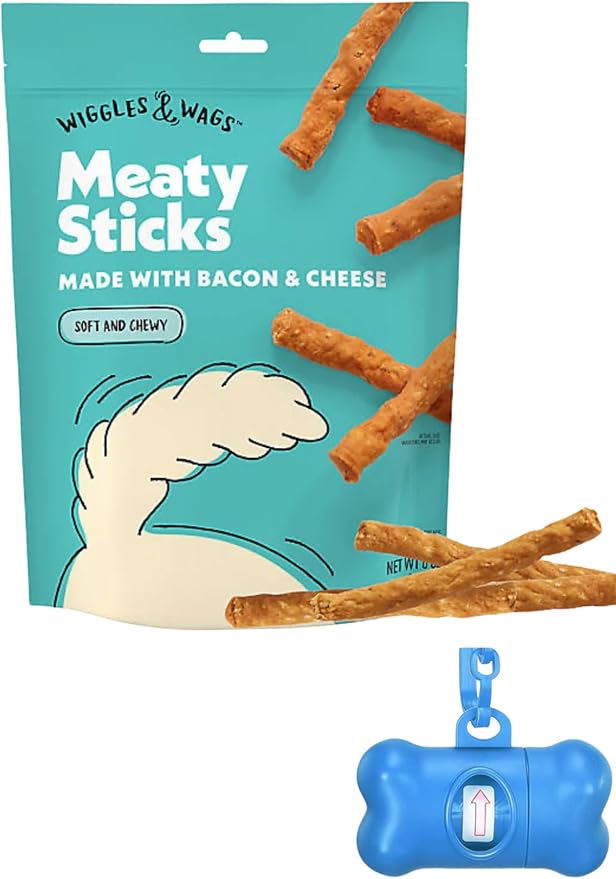 Wiggles & Wags Meaty Sticks Dog Treats, Bacon & Cheese Flavor, 6 oz with DN Essentials Bone Shaped Bag Dispenser & Roll