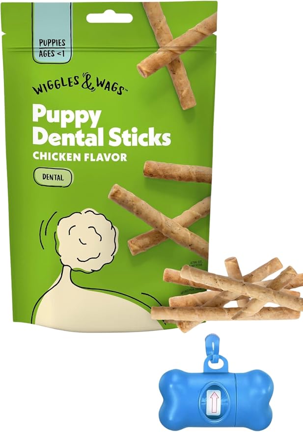Wiggles & Wags Puppy Dental Sticks, Chicken Flavor, 5.1 oz, 10 Count with DN Essentials Bone Waste Bag Dispenser & Roll