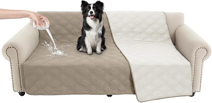 100% Waterproof Washable Dog Blanket，Khaki+Off White， 68"x82" | ,7-Layer Reversible Couch Covers for Dogs Met for Sofa Furniture Car Camping