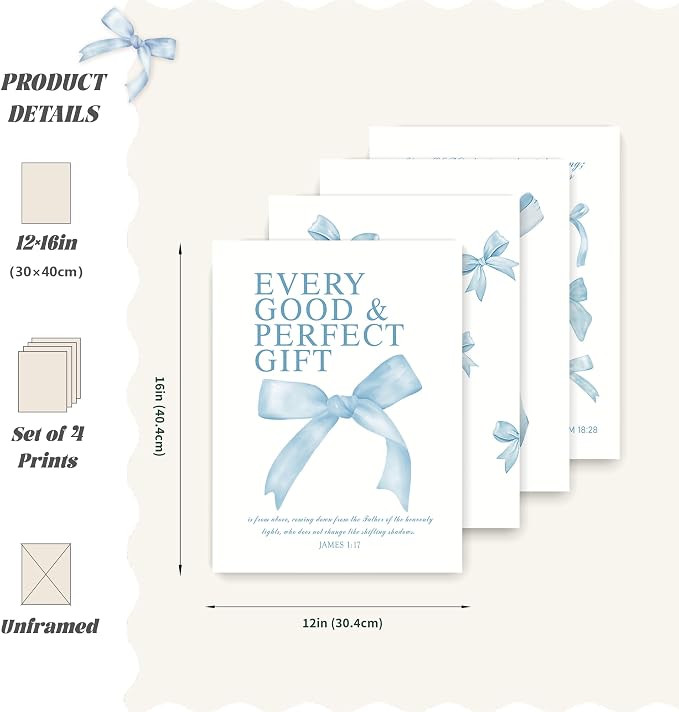 LARTSFRO Coquette Blue Bow Wall Art Decor Posters, Baby Blue Bow Room Bedroom Bathroom Dorm Wall Art Decor Aesthetic for College Teen Girls Gifts, Inspirational Bible Verses Bow Wall Decor, 12x16 Inch Set of 4 Pcs Bow Pictures (UNFRAMED)