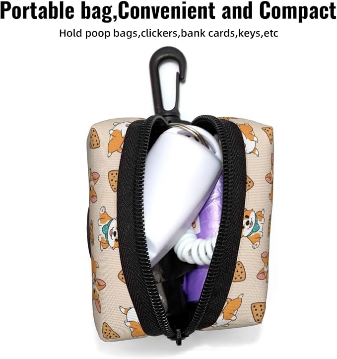 Cute Corgi And Cookie Dog Treat Pouch for Pet Walking and Training with Clip Small Zipper Dispenser for Leash and Outdoor Use