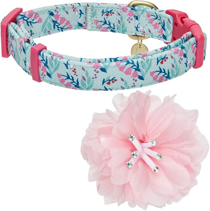 Blueberry Pet Floral Power Lily of The Valley Designer Teal Green Adjustable Dog Collar with Detachable Pink Peony, Medium, Neck 14.5"-20"