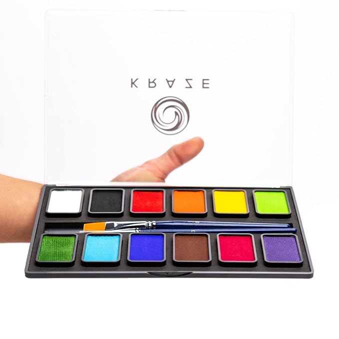 Kraze FX Basic Party Professional Face Paint Palette (12 x 10 gm) - Water Activated, Hypoallergenic, Safe, Non Toxic Body Paint Makeup Cosplay SFX Halloween Face Painting Kit for Kids Adults