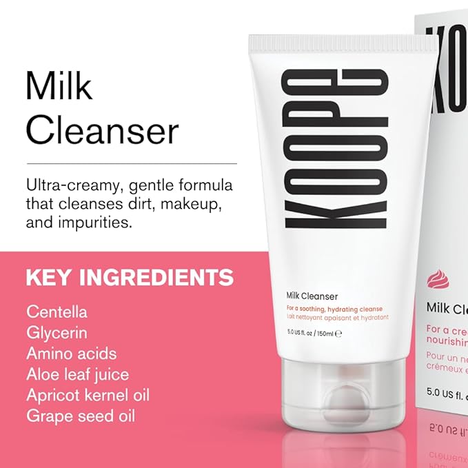 Koope Milk Face Wash, Cleanser For All Skin Types, Ultra-Creamy, Makeup Remover, with Centella, Aloe, Amino Acids and Grape Seed Oil. Free from Parabens, Sulphates & Fragrances, Vegan, 5.0 FL OZ