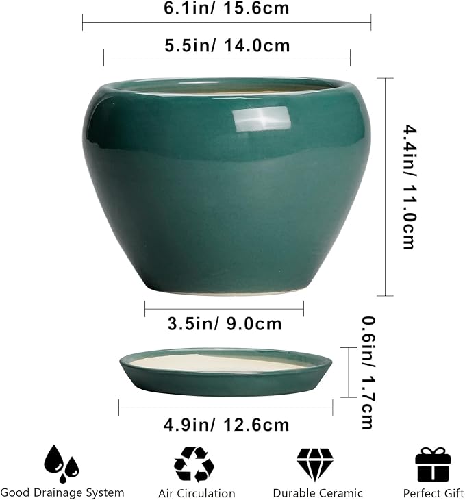 Ceramicfor Indoor Plant Pot 6 Inch - Ceramic Planter with Drainage Hole and Saucer, Modern Decorative Indoor Planter for Herb Succulent Plants, Garden Home Decor, Gifts for Plant Lovers, Green