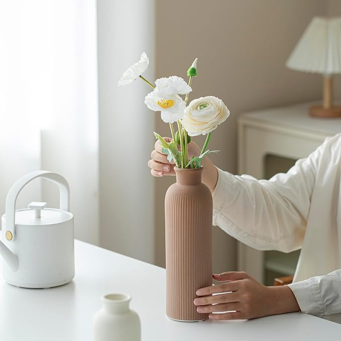 Modern Ceramic Vase Set, Earth Tone Natural Color Ribbed Matte Design, 3-Piece Decorative Vases for Home, Living Room, Office (Coffee Mix)