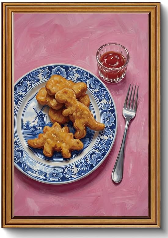 Vintage Whimsical Gold Framed Canvas Wall Art Funny Pop Food Wall Decor Art | Dino Chicken Nuggets Pictures Blue White Delft Canvas Art Pink Dopamine Small Framed Prints Artwork Shelf Bar Dining Gallery