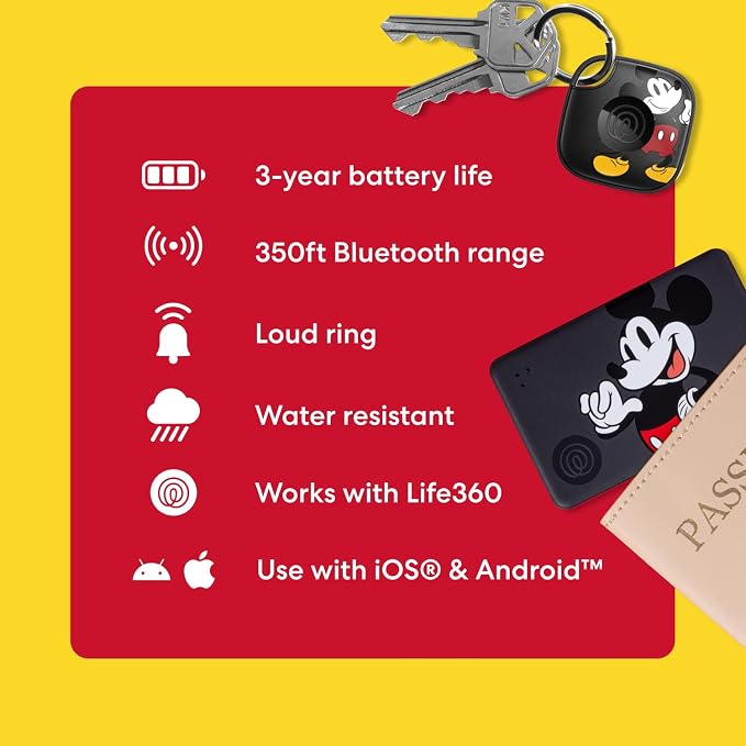 Life360 Tile Starter Pack - Mickey Mouse - Bluetooth Trackers and Item Finders for Keys, Wallets & More. Both iOS and Android Compatible. Phone Finder. 2-Pack (Black Mate/Slim)