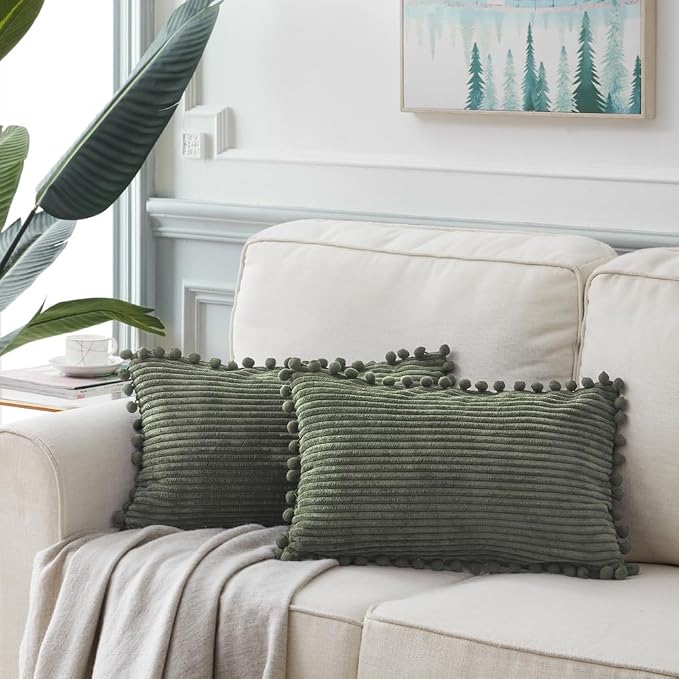 Fancy Homi 2 Pack Olive Green Lumbar Decorative Throw Pillow Covers 12x20 Inch with Pom-poms for Couch Bedroom Sofa, Soft Corduroy Solid Rectangle Cushion Case 30x50 cm, Farmhouse Boho Home Decor