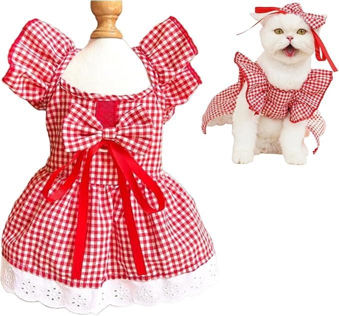 ANIAC Plaid Dog Dress with Leash Ring - Girl Dog Clothes for Small Dog, Cat, Puppy - Red Plaid Cat Dress for Chihuahua, Yorkie, Dachshund, Pomeranian (X-Large)