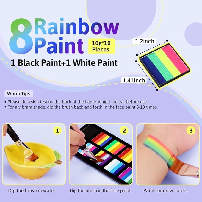Janolia Rainbow Face Paint Kit - UV Fluorescent Split Cake, Water Activated Body Paint for Kids' Halloween, Carnival & Easter