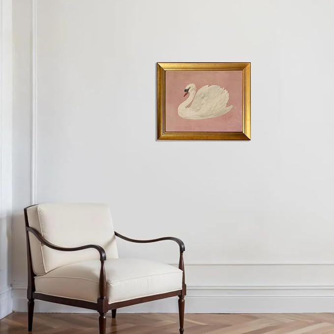 Vintage Swan Painting Gold Framed Wall Art Home Decor Farmhouse Pink Canvas Print Cute Swan Painting Artworks for Girly Bathroom Decor Living Room Bedroom