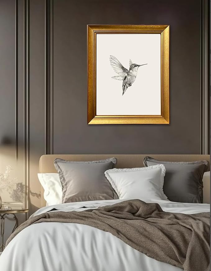 Gold Framed Wall Art Hummingbird Painting Vintage Bird Picture Wall Decor Nursery Canvas Print Neutral Minimalist Artworks for Bedroom Living Room Home Decoration