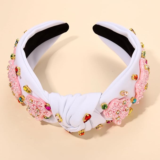 mokkia Easter Headbands Beaded Rabbit Bunny Headband for Women Pink Spring Knotted Headband Easter Hair Accessories Gifts