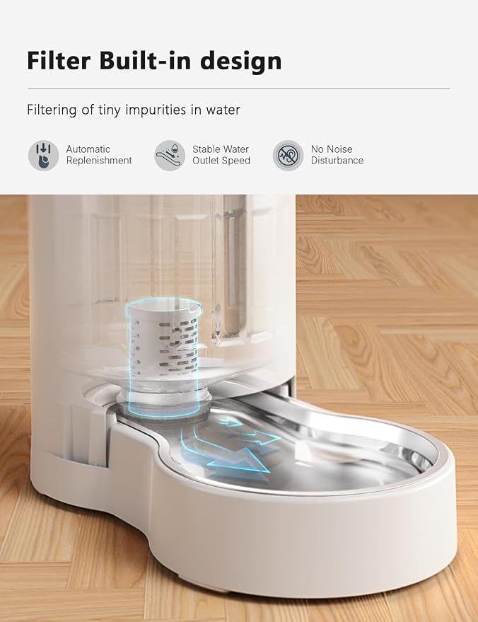 CZPET 2.5 Gallon Dog Water Bowl Dispenser with Filter (9.5L,White) | With Stainless Steel Bowl Gravity Waterer, Large Capacity and Drinking Area Noise-Free for Pets