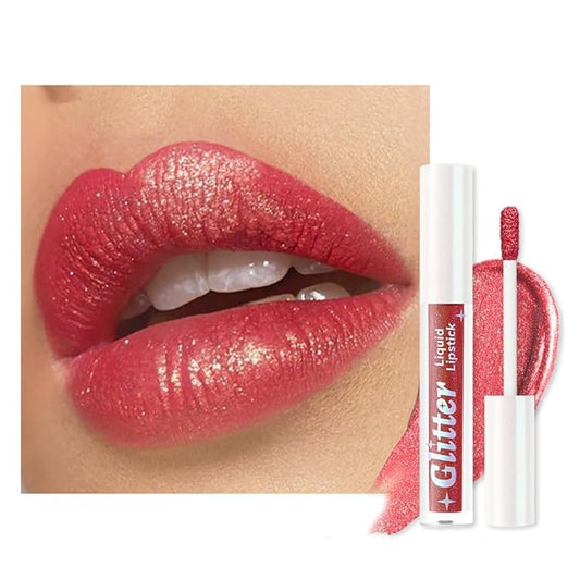 AMY'S DIARY Cherry Red Glitter Liquid Lipstick, Shimmer Metallic Lip Gloss, Long-Lasting Waterproof Lip Color, High Shine Sparkle Makeup,Lip makeup for woman (Sunset Bronze 9#)