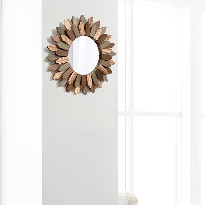 Boho Wall Decor Mirror 2 Pack 12 inch Rustic Wood Decorative Mirror for Room Decor Rustic Farmhouse Wall Decor for Bedroom Bathroom Living Room Entryway Tril Color