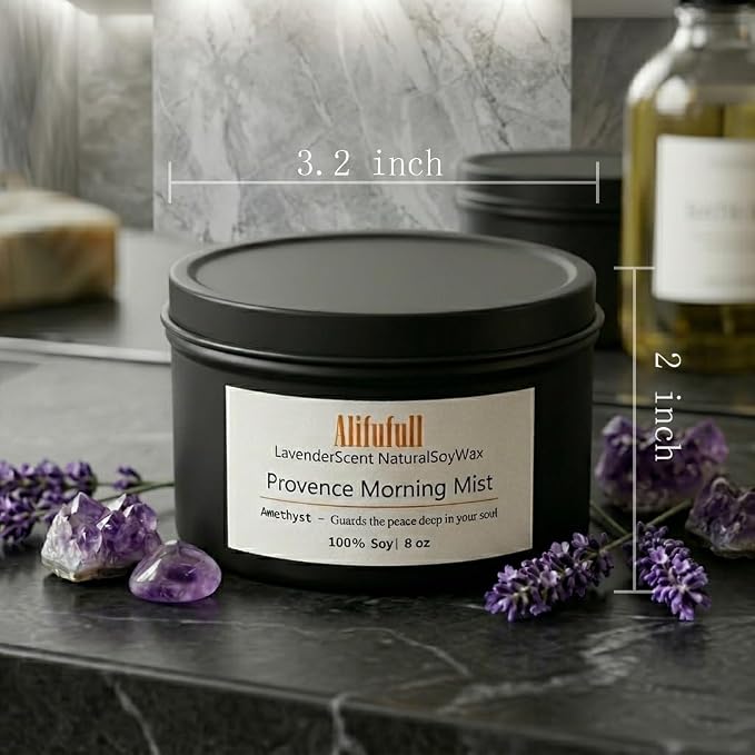 Lavender Crystal Infused Aromatherapy Candle, 8oz Matte Black Tin | Natural Soy Wax, Real Amethyst Crystals & Dried Lavender Flower Petals, Stress Relief & Sleep Aid, Home Scented