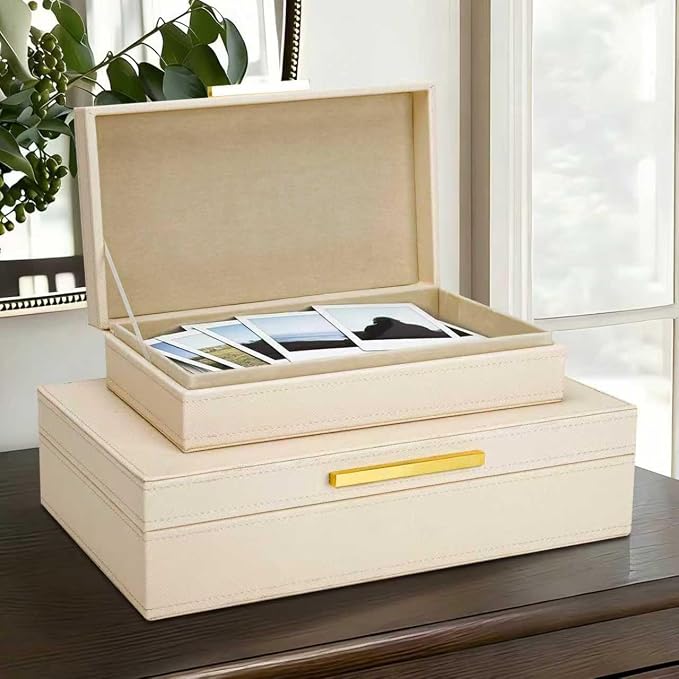 Decorative Storage Boxes with Lids, Set of 2 PU Leather Memory Box for Keepsakes, Beautiful Large Decorative Box for Home Decor – Safely Store Jewelry, Documents & Photos (Beige)