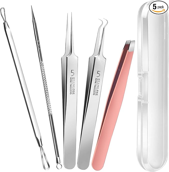 Teenitor Blackhead Remover and Pimple Popper Tool Kit, 2 Blackhead Extractor, 1 Ingrown Hair Tweezers, 2 Pimple Extractor Pore Extractor Blackhead Remover Tool Acne Tools for Face