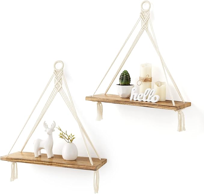 Mkono Macrame Hanging Shelves Boho Wall Decor Set of 2 Floating Wood Shelf | Cute Room Decor for Teen Girls Display Storage Shelves for Hanging Plant Photos Fit Bedroom Bathroom Living Room Nursery Dorm