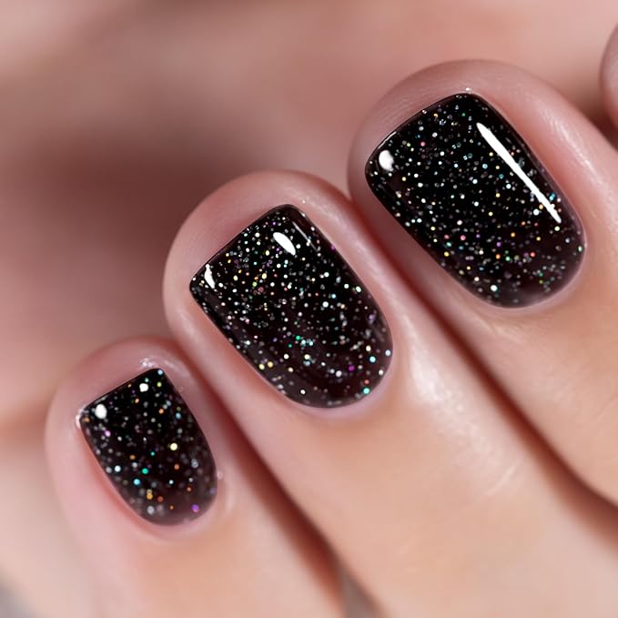 RARJSM Black Glitter Gel Nail Polish Chunky Iridescent Rainbow Sparkle Laser Holographic Small Flakes Shimmer Diamond Gel Polish Single Bottle Soak off UV LED Cured for Home Salon Manicure 15ML