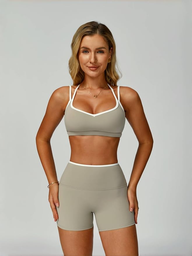 ABOCIW Workout Sets for Women 2 Piece Color Block Strappy Sports Bra High Waist Shorts Gym Yoga Pilates Outfits