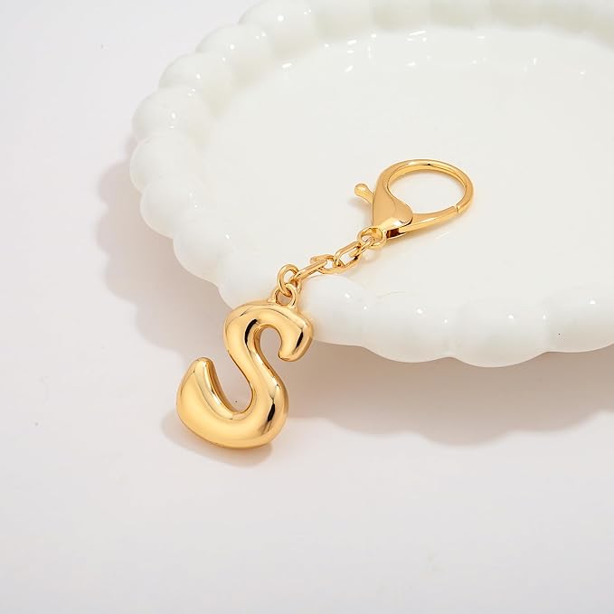 WOWORAMA Initial Letter Keychain for Women Chunky Gold Bubble Letter Bag Charm Purse Charm Personalized Keyrings Accessories