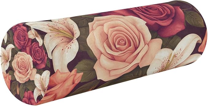 Roses and Lily Flowers Neck Roll Pillow Bolster Round Health Memory Foam Long Cervical Cylinder Pillows with Removable Washable Cover for Body Bed Legs Back Yoga