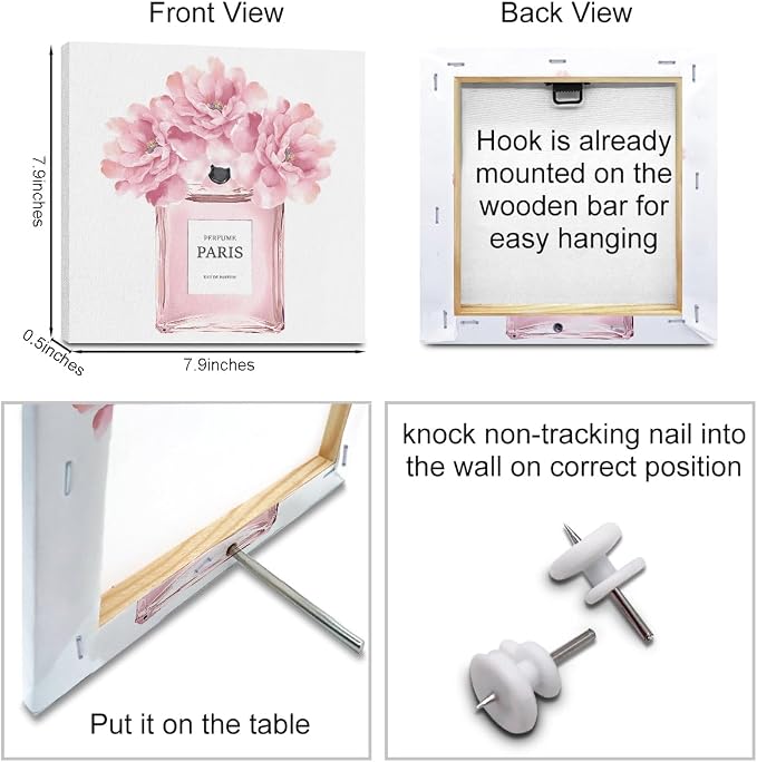 QINGTAI 4 Pcs Pink Fashion Canvas Wall Art, Perfume Handbag Wall Decor | Aesthetic Framed Posters Art Prints Artwork Pink Pictures for Women Girls Room Apartment Vogue Living Room Decor 8x8 Inch