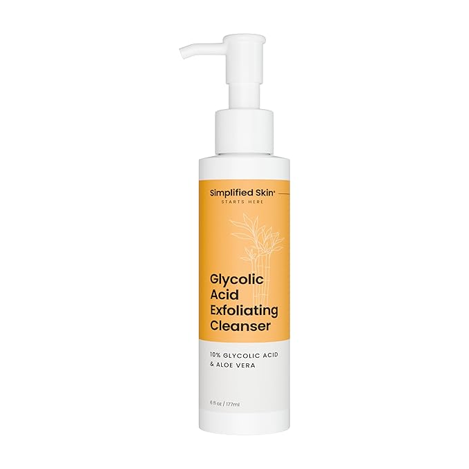 Simplified Skin Glycolic Acid Face Wash for Exfoliating & Anti-Aging - 10% AHA Cleanser to Remove Build Up & Even Tone on Face, Armpits & Body – With Aloe Vera & Sunflower Oil, 6 Fl Oz