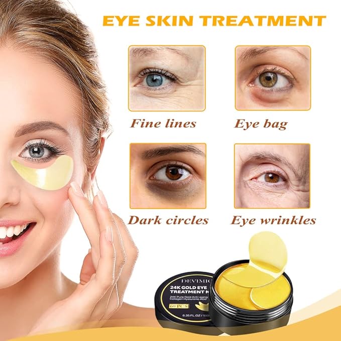 24K Gold Eye Mask, 30 Pairs Under Eye Masks for Dark Circles and Puffiness Treatment, Under Eye Patches for Puffy Eyes and Eye Bags, Gel Eye Mask Eye Pads for Face Skin Care