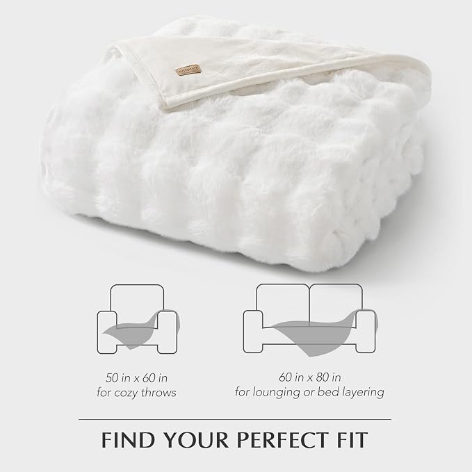 Faux Rabbit Fur Bubble Throw Blanket, 60"x80", Bright White | Ultra Soft, Luxury Faux Rabbit Fur Throw, Thick Warm Bubble Blanket, Cozy Fluffy Reversible, for Bed, Couch, Chair, Sofa