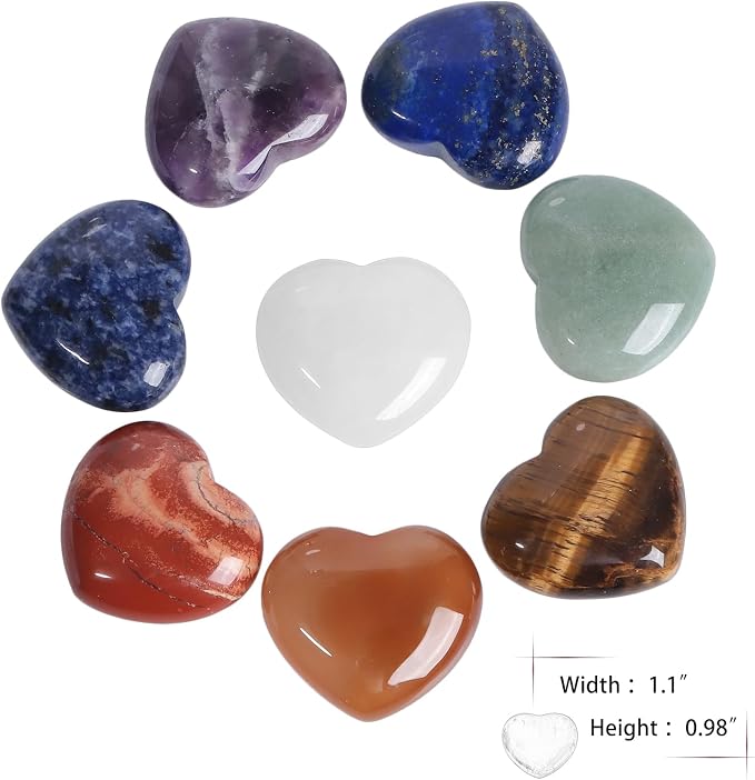SUNYIK Assorted Natural Gemstones Carved Puff Heart Pocket Stone Set, Healing Palm Crystal Set for Christmas, Pack of 8(1.1")