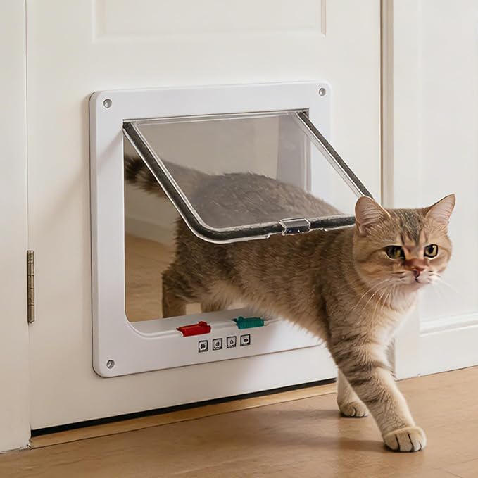 Cat Door for Interior and Exterior Doors with 4-Way Locking System - Pet Door for Cats and Small Dogs, Durable Transparent PVC Flap with Noise Reduction Seals-Viywicz