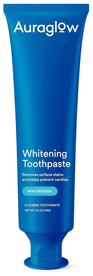 Auraglow Whitening Toothpaste, Hydrogen Peroxide Toothpaste with Fluoride, Whitens Teeth, Prevents Cavities, Strengthens Enamel for Adults, Kids Oral Care, Wintergreen Flavor, 4 oz (1 Pack)