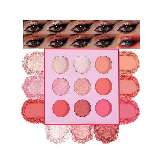 9-Color Pink Peach Eyeshadow Palette–High Pigment Matte Shimmer Glitter Eyeshadow Palette in Warm Coral & Rose Shades,Long-Lasting Waterproof, Blendable for Creative & Everyday Looks