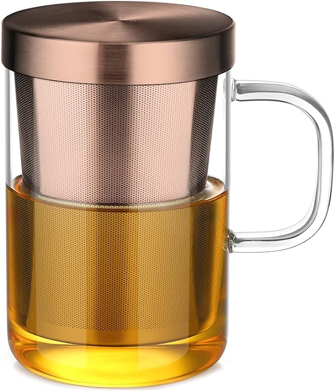 ecooe Tea Infuser Mug 16.9oz Glass Tea Cup with Removable Stainless Steel Infuser and Lid, Clear Glass Tea Cup 500ml Teacup for Loose Leaf Tea, Birthday for Parents Dad Mum Friends (Bronze)
