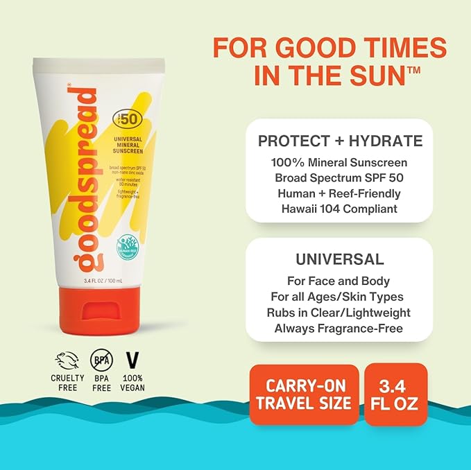 Goodspread Mineral Sunscreen SPF 50 (2-Pack) – Reef-Safe, Non-Nano Zinc Oxide, Water-Resistant, Hawaii Compliant, Rubs in Clear, Face & Body, Adults & Kids