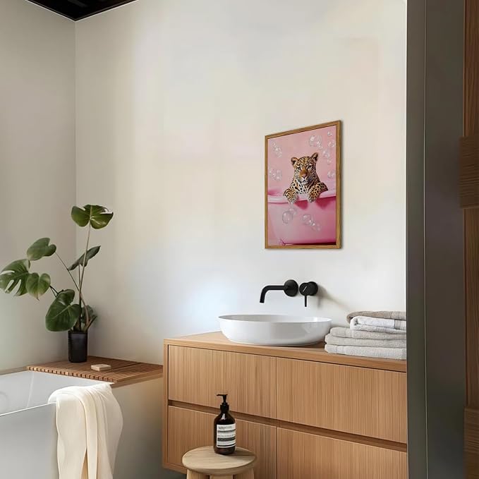 Funny Cheetah Bathroom Wall Art, Pink Leopard in Bathtub Wall Decor Paintings, Cute Animal Bathroom Poster Canvas Prints Maximalist Dopamine Girl Washroom Artwork 12x16 inch Framed