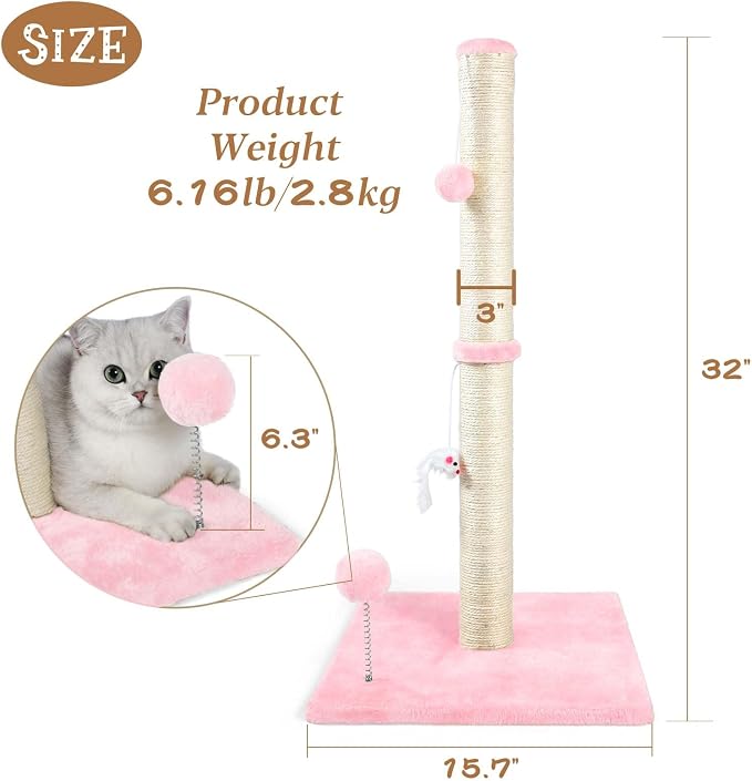 ANWA 32" Tall Sisal Cat Scratching Posts Tree for Indoor Cats Adults, Pink | Sisal Cat Scratcher, Small Space, Cat Post with Dangling Plush Toys for Indoor Cats, 15.7" Stable Base, Cat Furniture