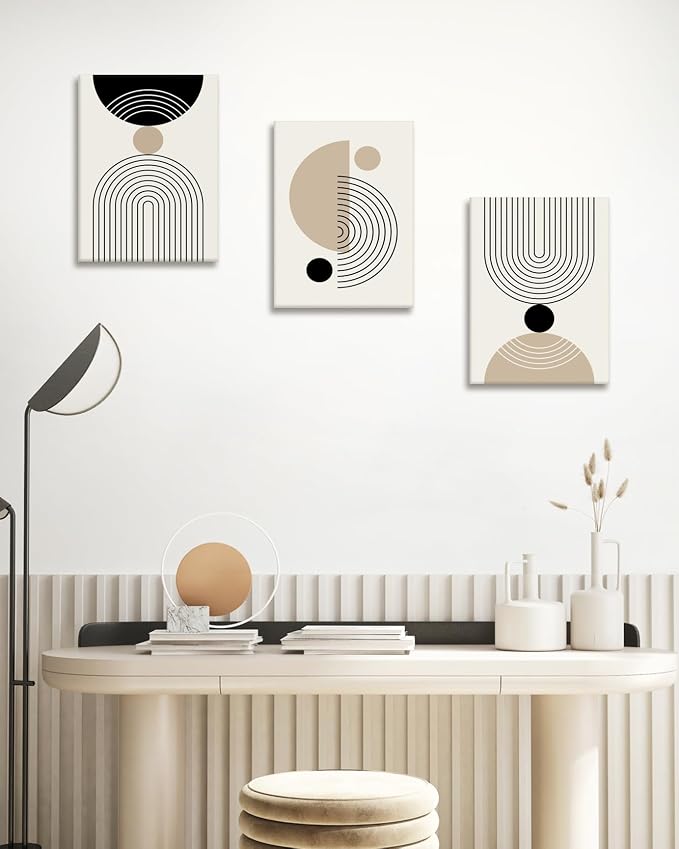 HesenDot Abstract Geometric Wall Art Set of 3, 30x40CM Minimalist Line Framed Canvas Prints, Boho Modern Neutral Beige Black Shapes Wall Decor for Living Room Bedroom Bathroom Office Home