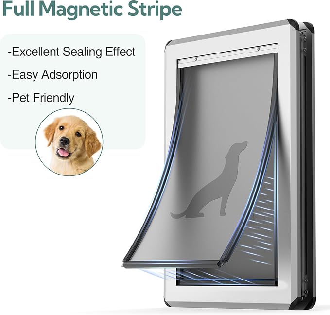 Full Seal-Flaps Dog Door, Aluminum Frame, Large for Doors | Pets Up to 100 Lb, for Interior/ Exterior Doors, Energy-Efficient Insulated Doggy Door, Extreme Weather, Sliding Lock Panel