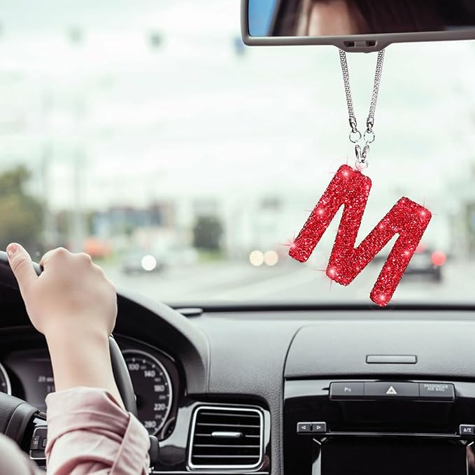 Red Bling Mirror Hanging Accessories, Diamond Crystal Rhinestone Letter M Car Hanging Ornament, Cute Lucky Bling Car Charm for Women (Red,M)