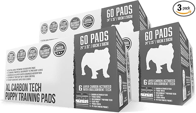 Bulldogology Carbon Black XL Dog Pee Pads with Adhesive Sticky Tape Extra Large Charcoal Housebreaking Dog Training Wee Pads Leak Proof Absorbent 180 Count 24" x 35"