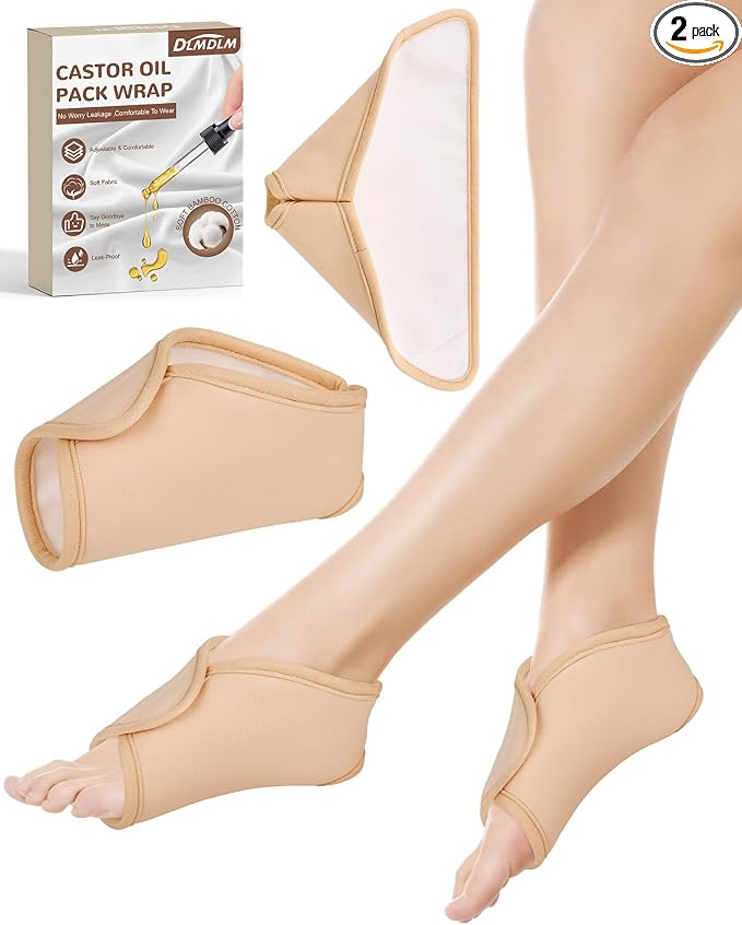 2Pcs Castor Oil Pack Wrap for Ankle Reusable Organic Castor Oil Feet Wrap, Adjustable Castor Oil Compress Feet Brace for Ankle, Waist, and Joint Care