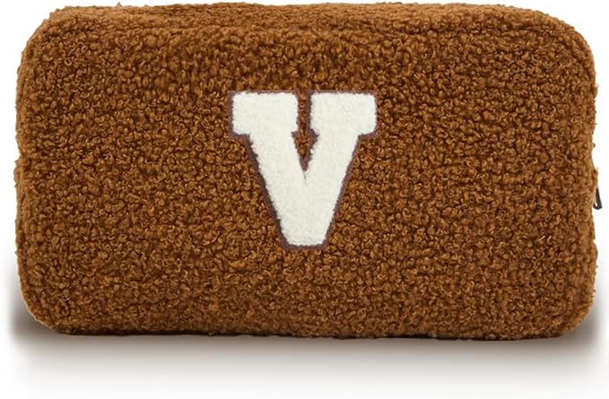 Cute Makeup Bag, Initial Cosmetic Bag, Fuzzy Makeup Bags for Women, Brown Makeup Pouch with Chenille Letter, Monogrammed Gifts for Women, Brown V