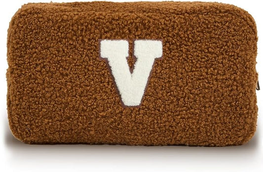 Cute Makeup Bag, Initial Cosmetic Bag, Fuzzy Makeup Bags for Women, Brown Makeup Pouch with Chenille Letter, Monogrammed Gifts for Women, Brown V