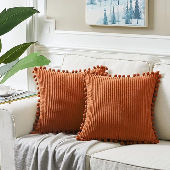 Fancy Homi 24x24 Pillow Covers, 2 Packs Rust Throw Pillow Covers with Pom-poms, Super Soft Corduroy Square Solid Cushion Cover for Couch Sofa Bedroom Living Room 60x60 cm