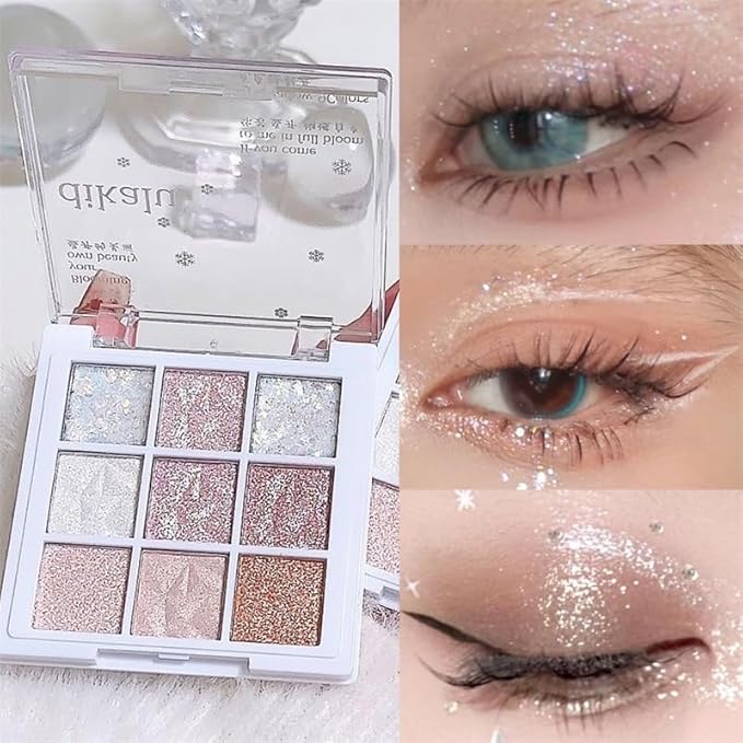 9 Colors Glitter Shimmer Eyeshadow Makeup Palette, Korean Natural Neutral Eye shadow Palettes Highly Pigmented Long Lasting Waterproof Blendable sombras para ojos Pink White Golden Brown